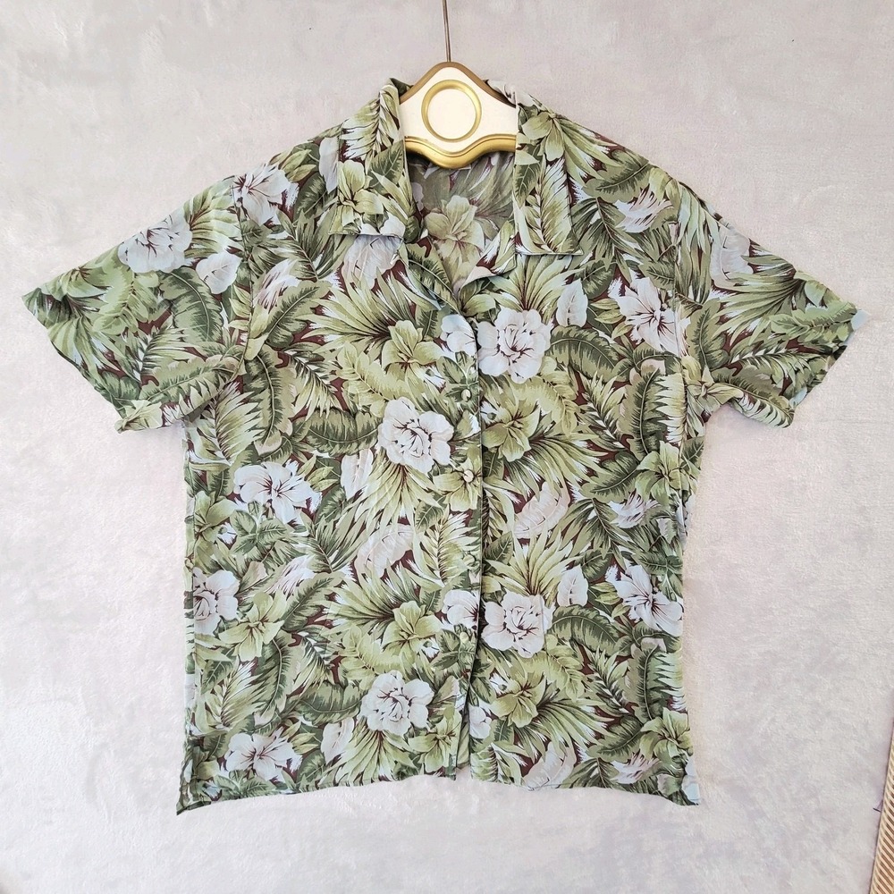 Vintage 100% Silk Womens Hawaiian Shirt L Casual Corner Palms Cruise Wear